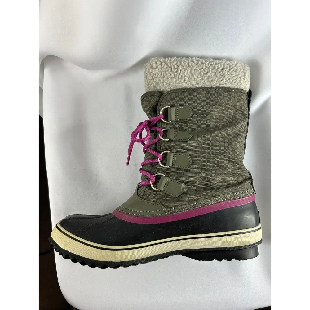Sorel 1964 Pac 2 Waterproof Winter Boots Olive Green Pink Sherpa Trim Size 11 - Picture 3 of 11
